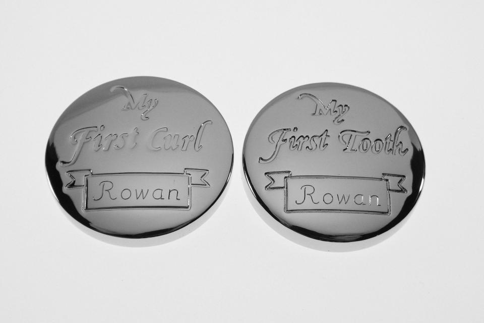 Personalized Baby Round Keepsake Boxes Custom Engraved First Curl and First Tooth - Hand Engraved