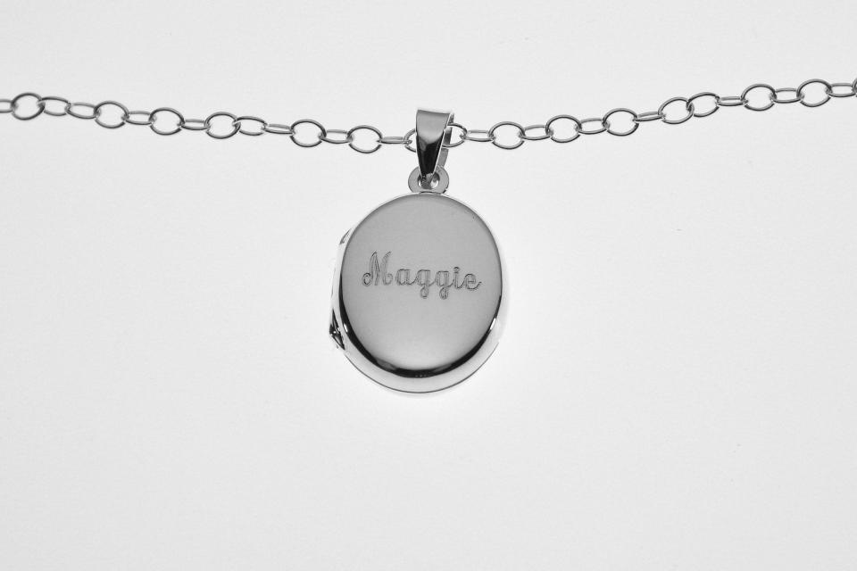 Personalized Oval Locket Custom Engraved Sterling Silver 5/8 Inch on 18 Sterling Silver Cable Chain - Hand Engraved