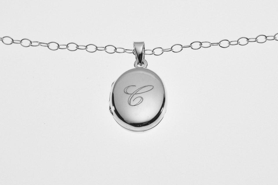 Personalized Oval Locket Custom Engraved Sterling Silver 5/8 Inch on 18 Sterling Silver Cable Chain - Hand Engraved