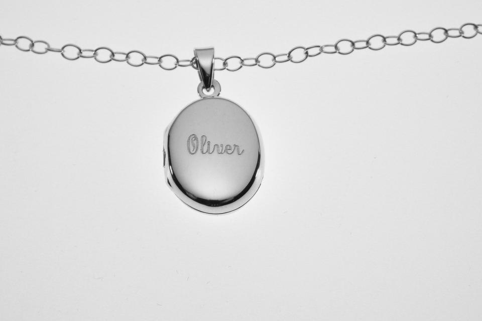 Personalized Oval Locket Custom Engraved Sterling Silver 5/8 Inch on 18 Sterling Silver Cable Chain - Hand Engraved