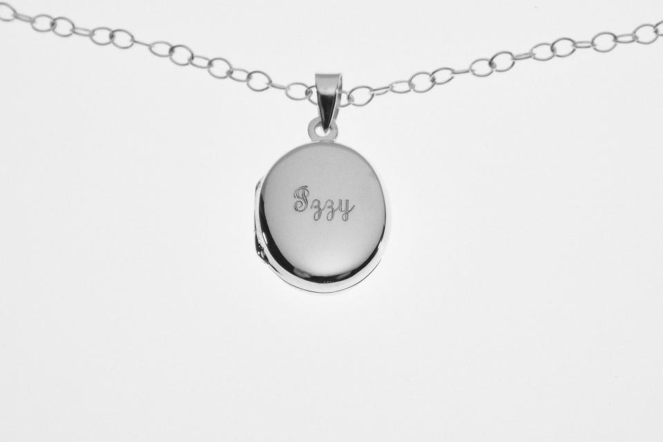 Personalized Oval Locket Custom Engraved Sterling Silver 5/8 Inch on 18 Sterling Silver Cable Chain - Hand Engraved