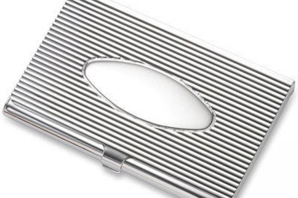 Custom Engraved Business Card Case Silver Ribbed Design with Personalized Oval Center -Hand Engraved