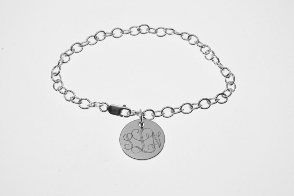 Custom Engraved Monogram or Initial Bracelet Personalized Sterling Silver Petite Round Disc 8 Inch Length - Hand Engraved