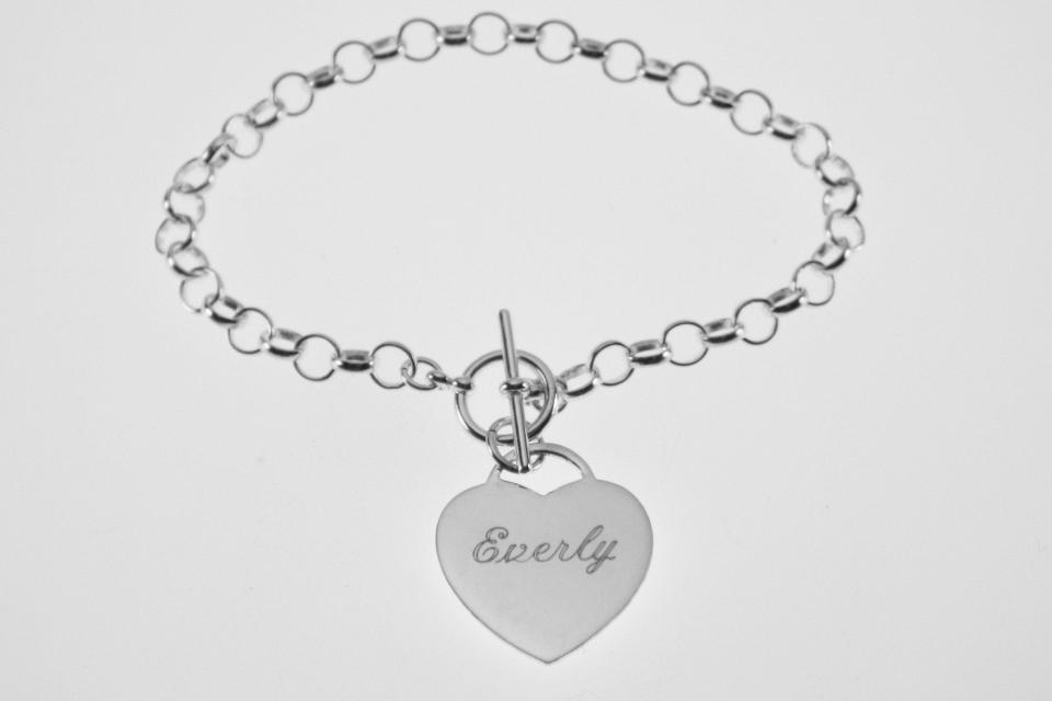 Personalized Bracelet Custom Engraved Sterling Silver Heart Charm Bracelet - Hand Engraved