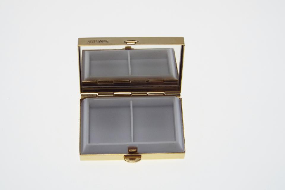 Custom Engraved Personalized Pill Box Small Rectangular Gold Tone With Double Compartment and Mirror  -Hand Engraved