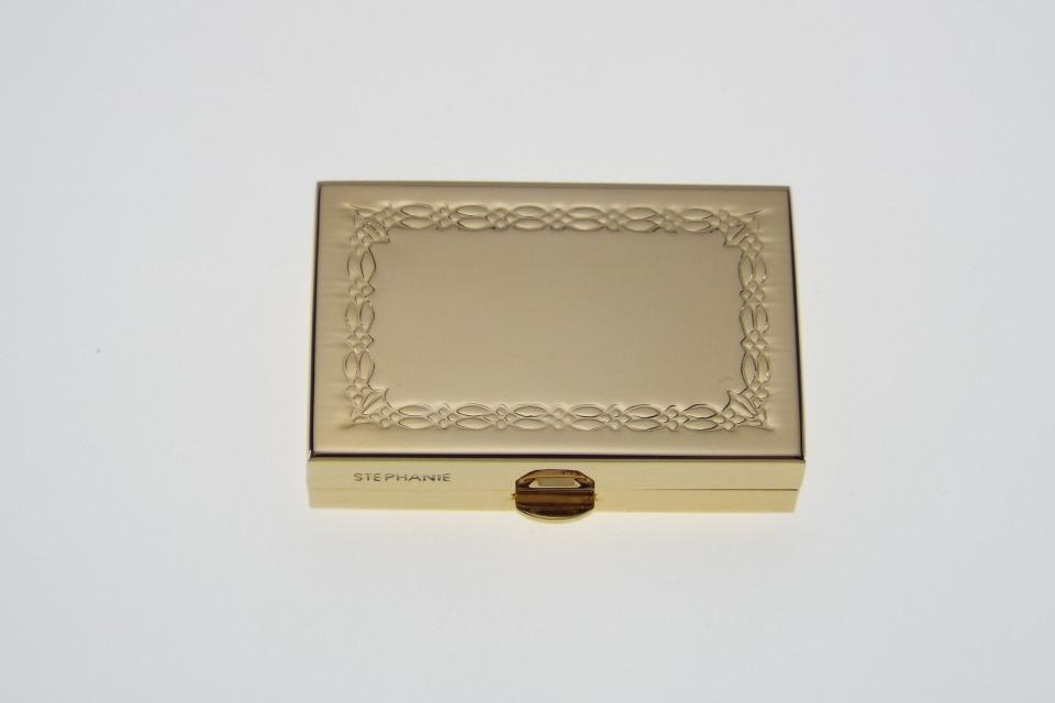 Custom Engraved Personalized Pill Box Small Rectangular Gold Tone With Double Compartment and Mirror  -Hand Engraved