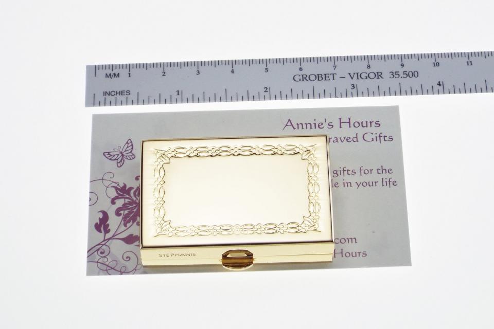 Custom Engraved Personalized Pill Box Small Rectangular Gold Tone With Double Compartment and Mirror  -Hand Engraved