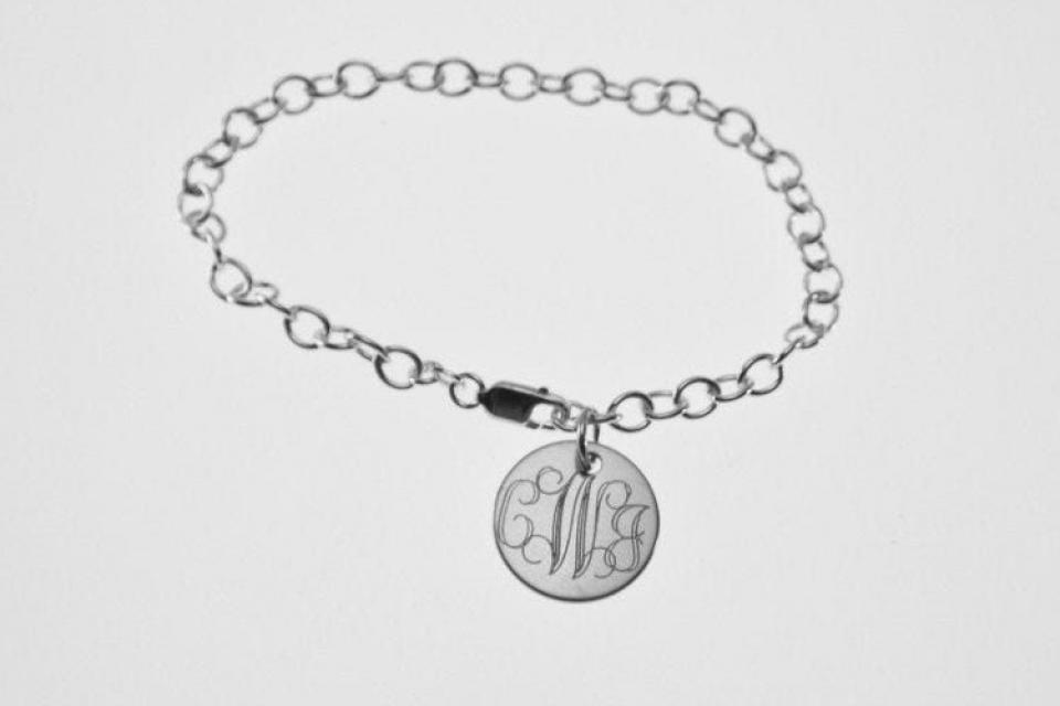 Custom Engraved Monogram or Initial Bracelet Personalized Sterling Silver Petite Round Disc 8 Inch Length - Hand Engraved