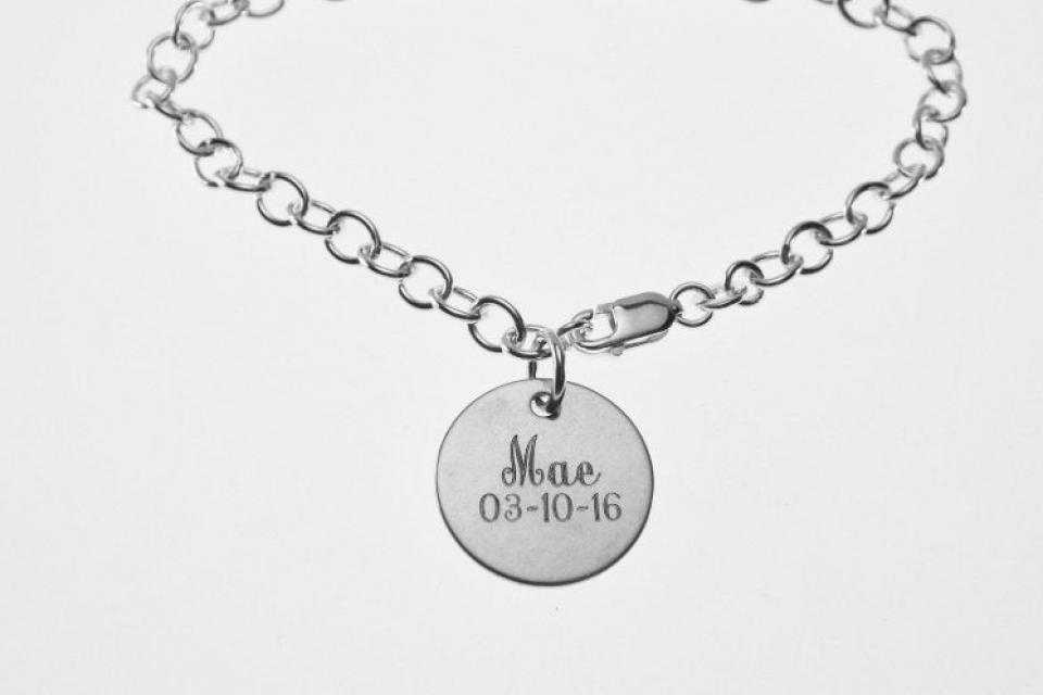 Custom Engraved Monogram or Initial Bracelet Personalized Sterling Silver Petite Round Disc 8 Inch Length  - Hand Engraved