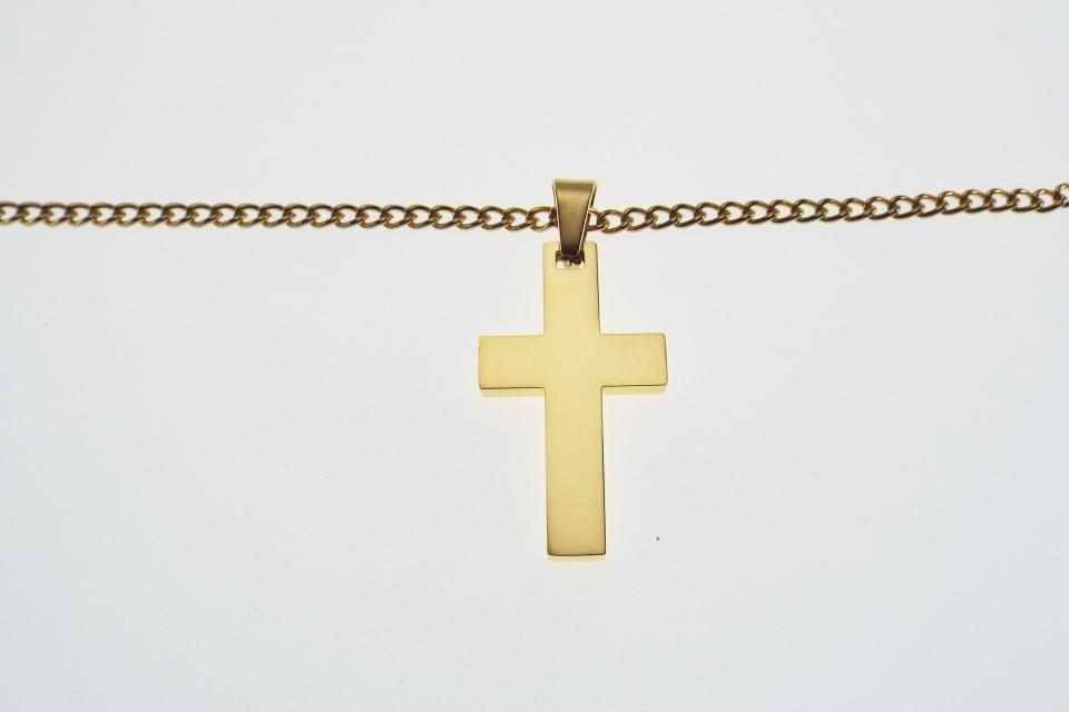 Personalized Custom Engraved Gold Plated Stainless Steel Cross Bead Chain or Curb Style Chain  - Hand Engraved