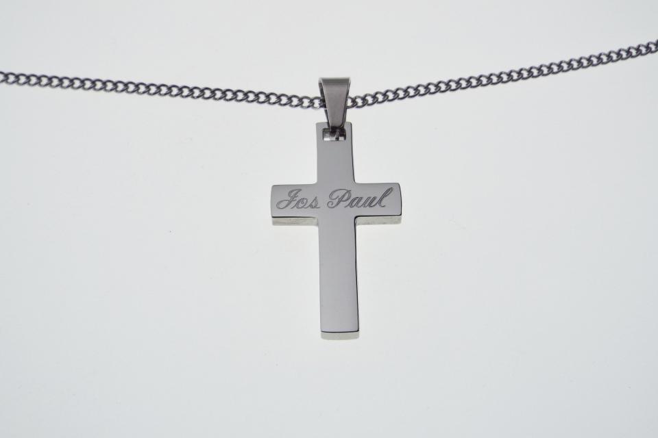 Personalized Custom Engraved Solid Stainless Steel Cross on Stainless Steel Curb Chain - Hand Engraved