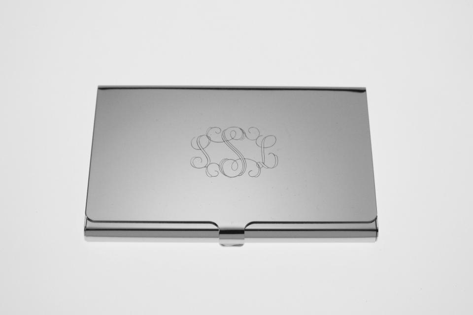 Custom Engraved Personalized High Polish Silver Business Card Holder -Hand Engraved