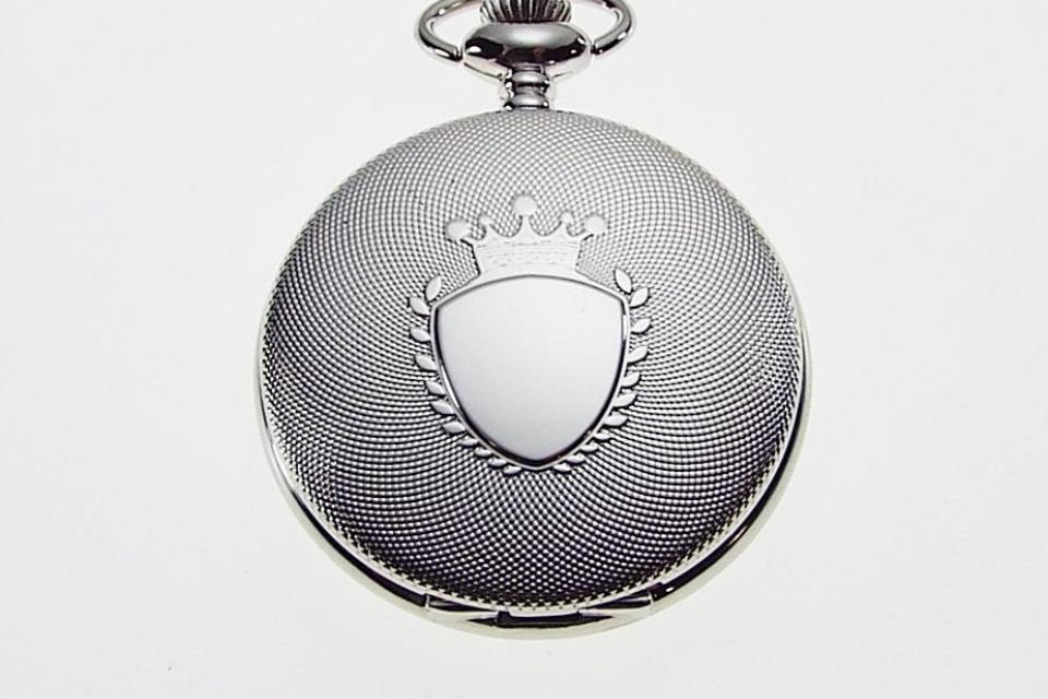 Personalized Pocket Watch Silver Crown Emblem Custom Engraved Quartz Battery Operated - Hand Engraved