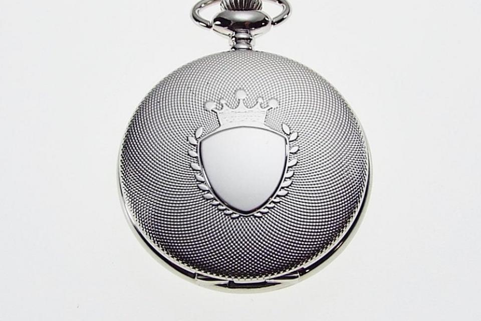 Personalized Pocket Watch Silver Crown Emblem Custom Engraved Quartz Battery Operated  - Hand Engraved