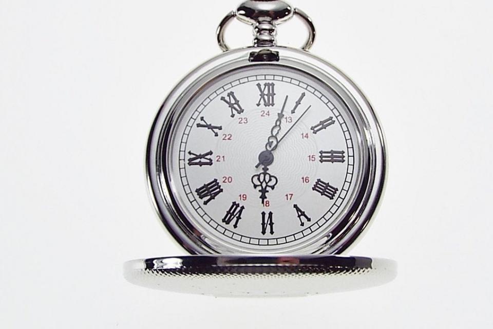 Personalized Pocket Watch Silver Crown Emblem Custom Engraved Quartz Battery Operated - Hand Engraved