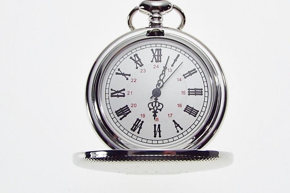 Personalized Pocket Watch Silver Crown Emblem Custom Engraved Quartz Battery Operated  - Hand Engraved