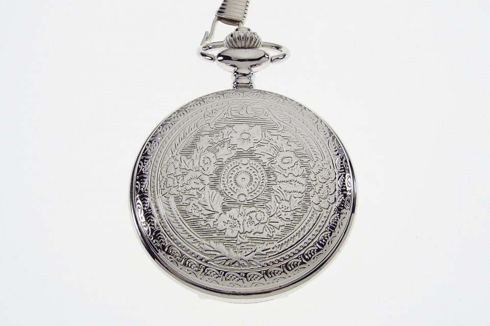 Personalized Pocket Watch Silver Crown Emblem Custom Engraved Quartz Battery Operated - Hand Engraved