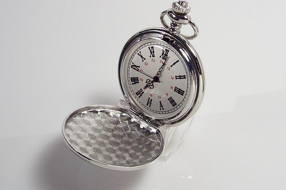 Personalized Pocket Watch Silver Crown Emblem Custom Engraved Quartz Battery Operated - Hand Engraved