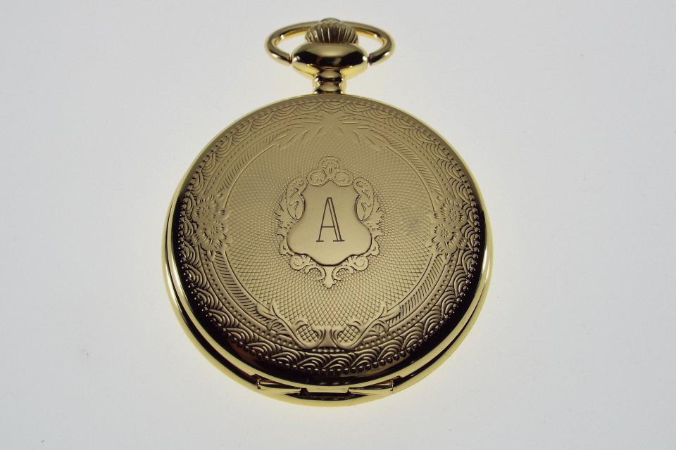 Engraved Pocket Watch Golden Crest Cover Personalized Quartz Battery Operated - Hand Engraved