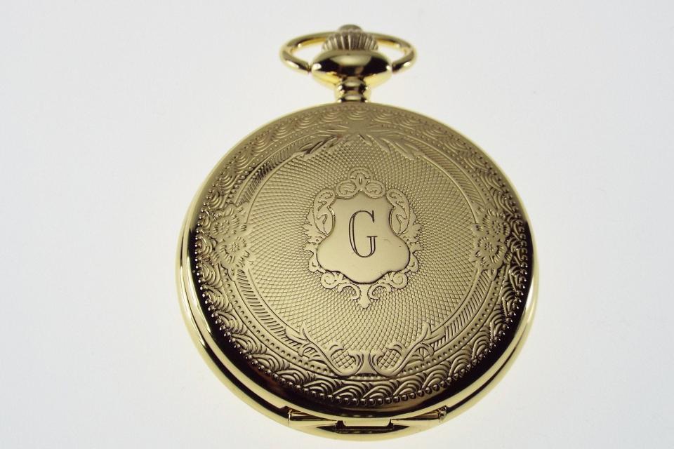 Engraved Pocket Watch Golden Crest Cover Personalized Quartz Battery Operated  - Hand Engraved