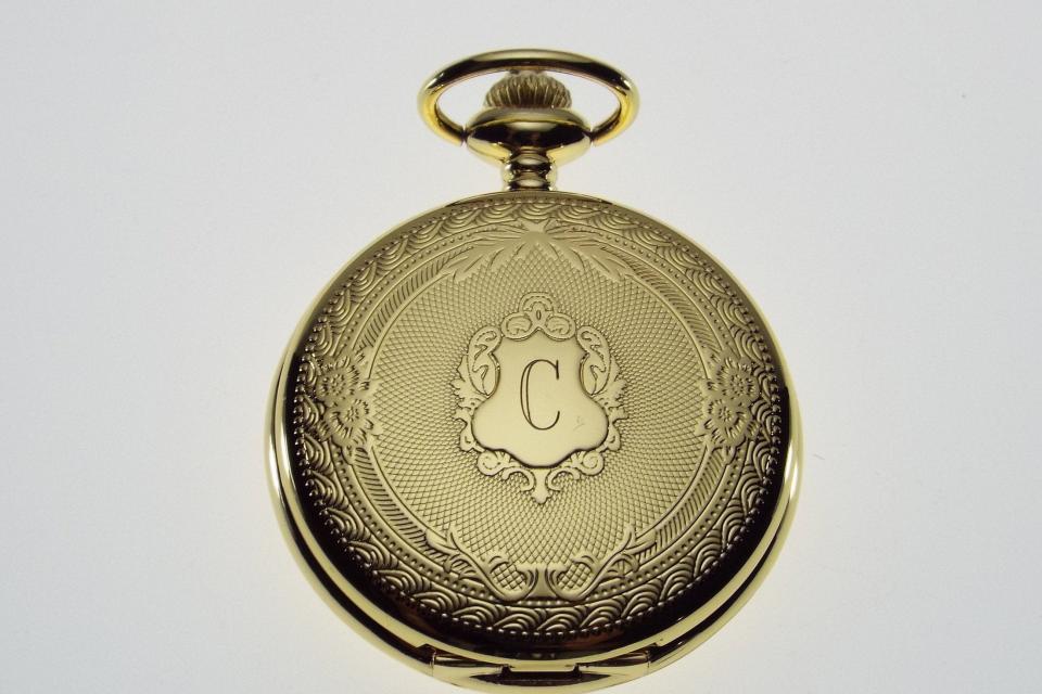 Engraved Pocket Watch Golden Crest Cover Personalized Quartz Battery Operated - Hand Engraved