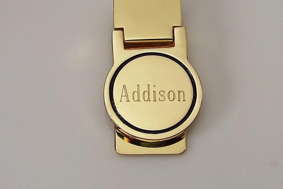 Custom Engraved Goldtone Money Clip Personalized Monogram Round Hinged -Hand Engraved
