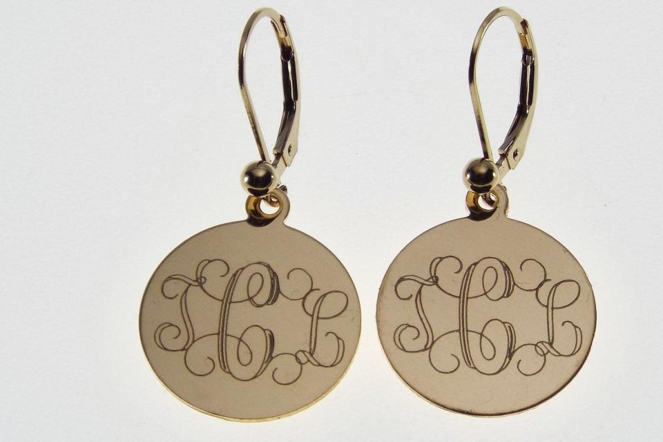 Monogram Earrings Personalized Gold Filled 3/4 Inch 18 mm Round Disc Choose Lever Back or Wires - Custom Engraved