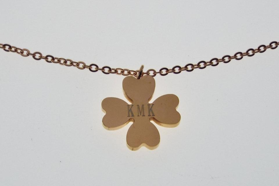 Personalized Four Leaf Clover Necklace Rose Gold Over Stainless Steel Custom Engraved  - Hand Engraved