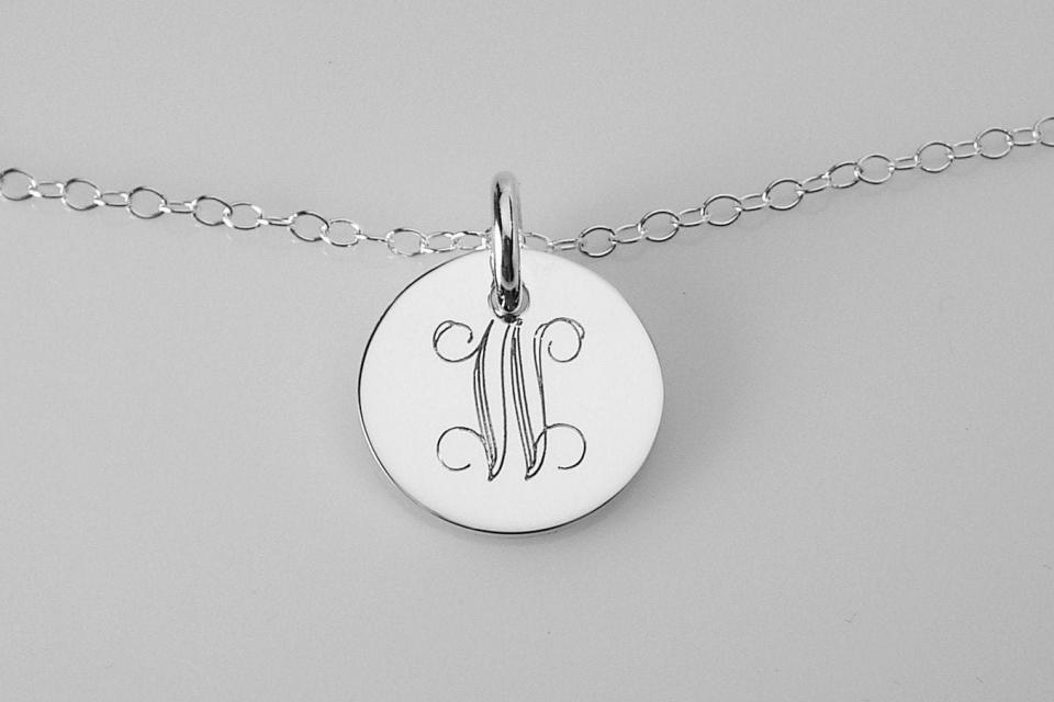 Monogram Jewelry Custom Engraved Personalized Sterling Silver 3/4 Inch Round Monogram Necklace - Hand Engraved