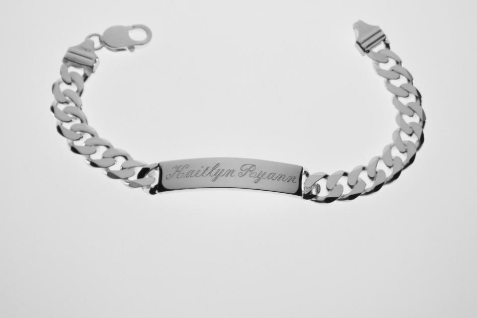 Custom Engraved ID Bracelet Sterling Silver 8 Inch Length Personalized Heavy Curb Link- Hand Engraved