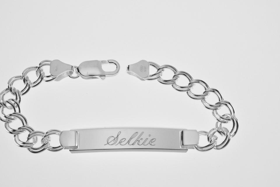 Custom Engraved ID Bracelet Sterling Silver 7.25 Inch Length Double Curb Link- Hand Engraved