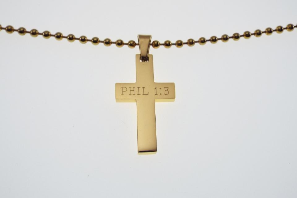 Personalized Custom Engraved Gold Plated Stainless Steel Cross Bead Chain or Curb Style Chain - Hand Engraved