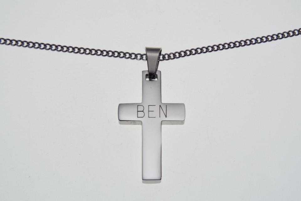 Personalized Custom Engraved Solid Stainless Steel Cross on Stainless Steel Curb Chain - Hand Engraved