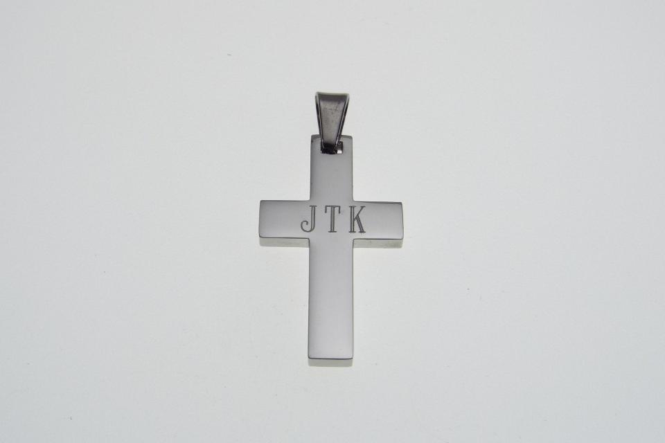 Personalized Custom Engraved Solid Stainless Steel Cross on Stainless Steel Curb Chain - Hand Engraved