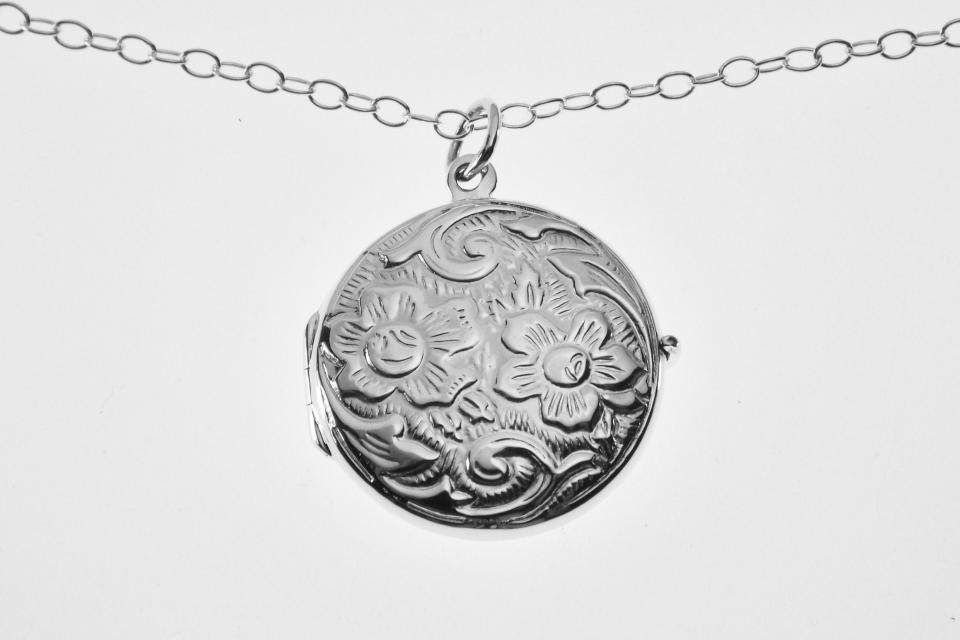 Engraved Sterling Silver Round Floral Design Locket One Inch on 18 inch Sterling Silver Chain Hand Engraved