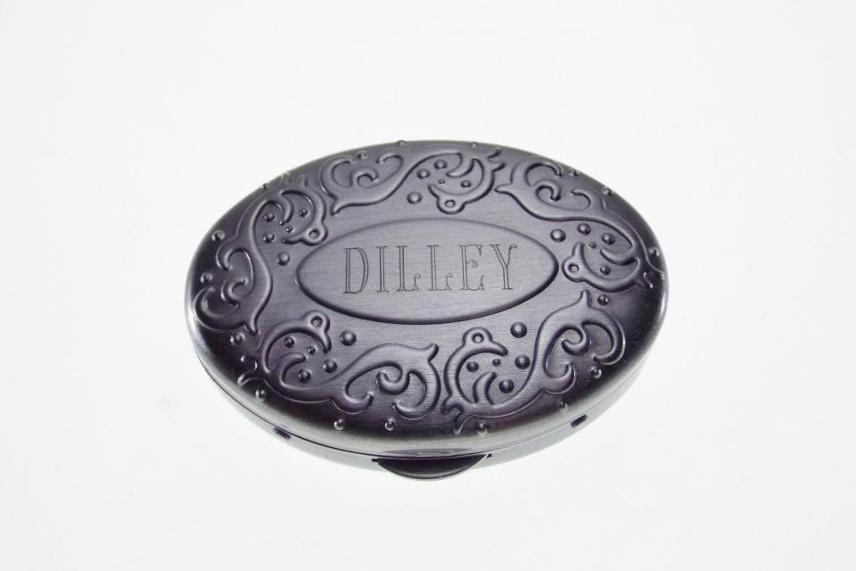 Custom Engraved Pill Box Personalized Silver Oval with Scroll Border Two Compartments and Inside Mirror -Hand Engraved