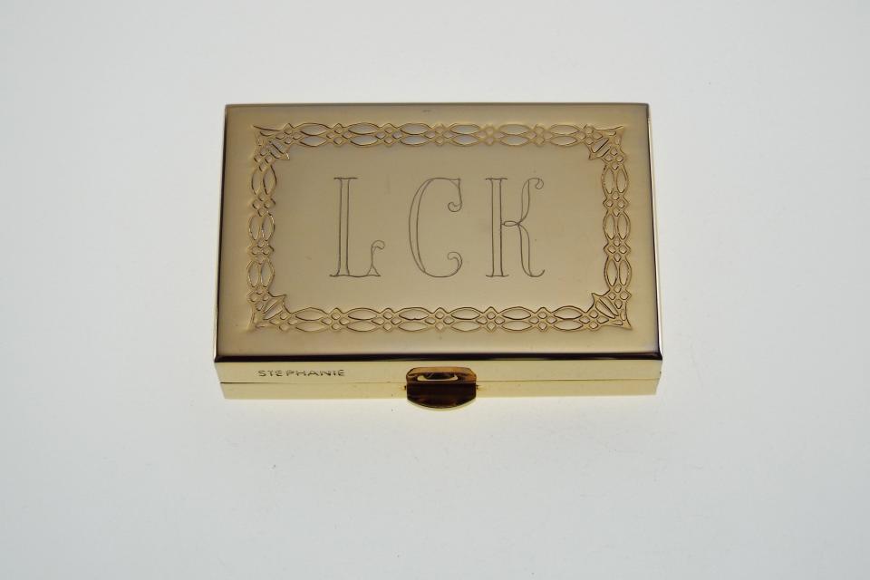 Custom Engraved Personalized Pill Box Small Rectangular Gold Tone With Double Compartment and Mirror  -Hand Engraved