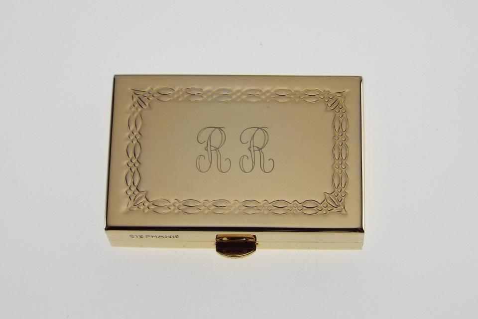 Custom Engraved Personalized Pill Box Small Rectangular Gold Tone With Double Compartment and Mirror  -Hand Engraved