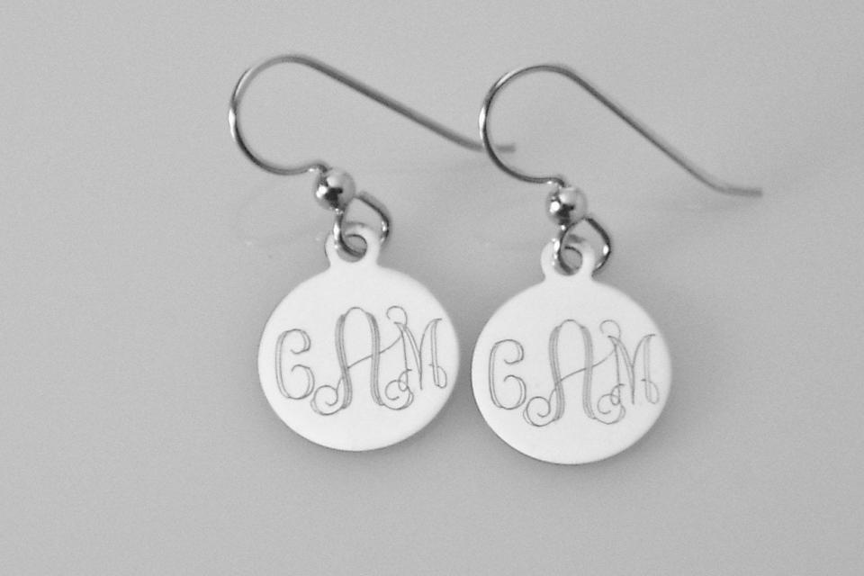 Custom Engraved Monogram Earrings Personalized Small 1/2 Inch Sterling Silver Choose Lever Back or Wires  - Hand Engraved