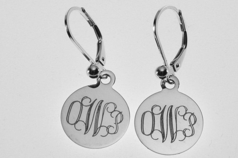 Custom Engraved Monogram Earrings Personalized Small 1/2 Inch Sterling Silver Choose Lever Back or Wires  - Hand Engraved