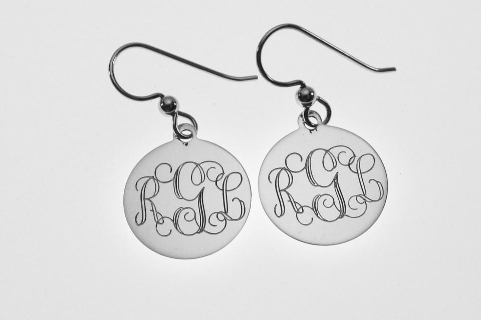 Engraved Monogram Earrings Personalized Sterling Silver 11/16 Inch Disc Choose Lever Back or Wires - Hand Engraved