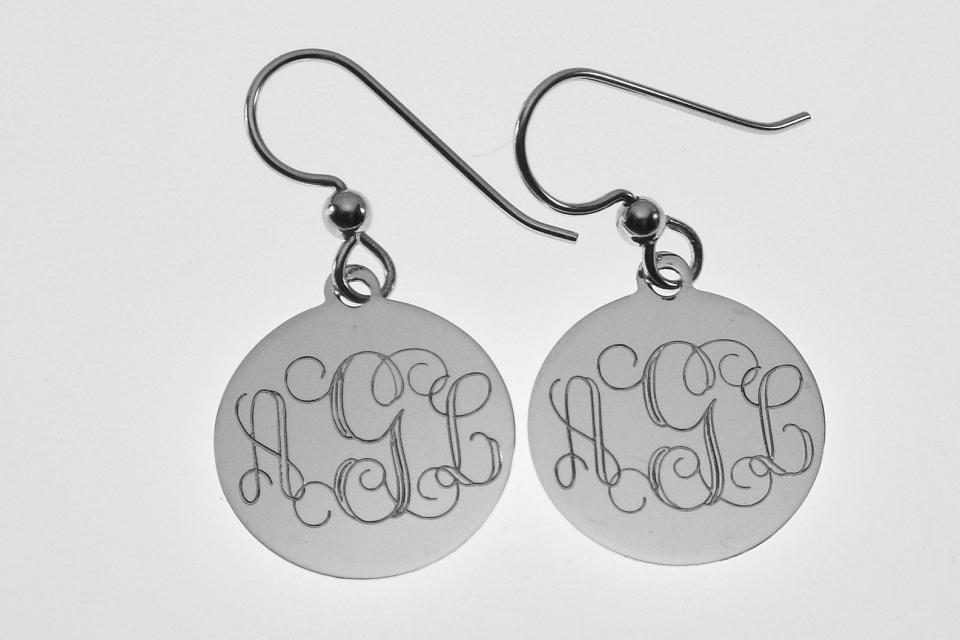 Engraved Monogram Earrings Personalized Sterling Silver 11/16 Inch Disc Choose Lever Back or Wires - Hand Engraved