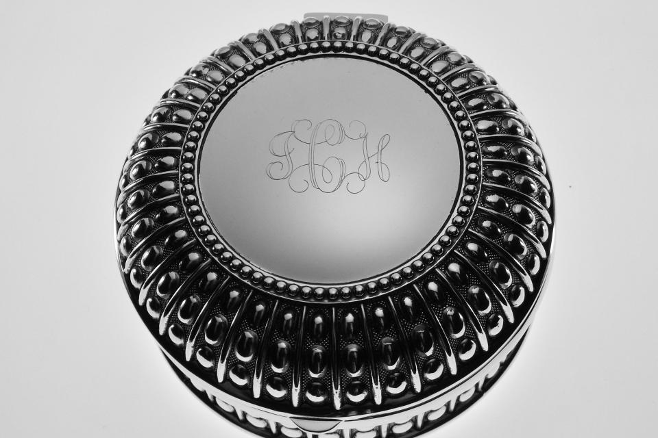 Personalized Large Round Antique Beaded Design Jewelry Box Silver Plated Custom Engraved - Hand Engraved