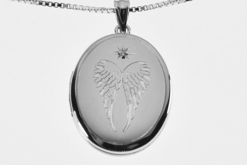 Personalized Sterling Silver Locket Custom Engraved Oval Angel Wings with Diamond Accent Memory Keeper - Hand Engraved