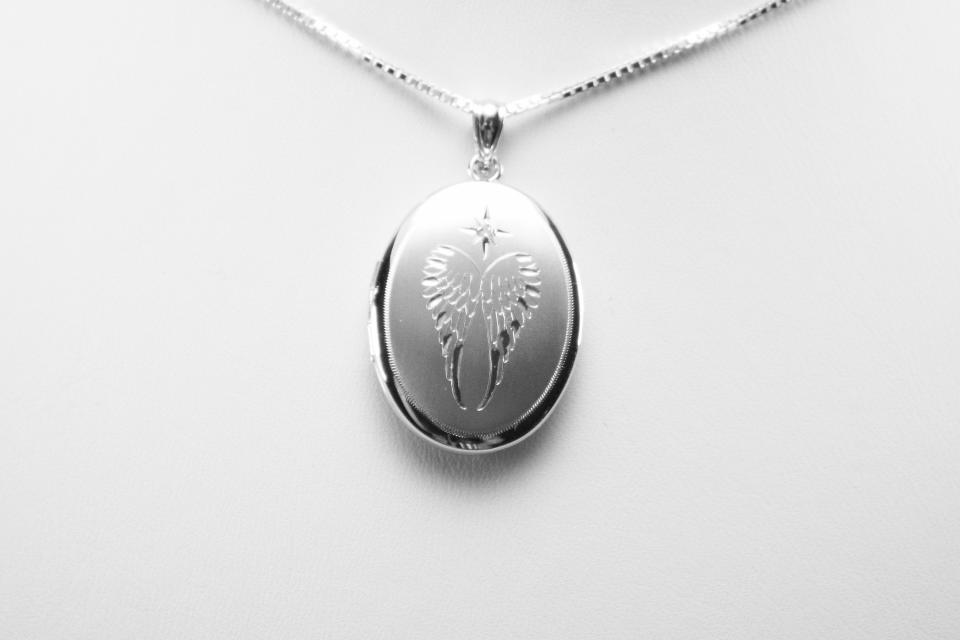 Personalized Sterling Silver Locket Custom Engraved Oval Angel Wings with Diamond Accent Memory Keeper - Hand Engraved