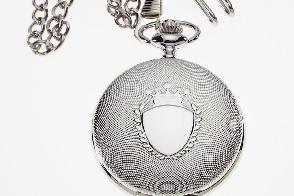 Personalized Pocket Watch Silver Crown Emblem Custom Engraved Quartz Battery Operated - Hand Engraved