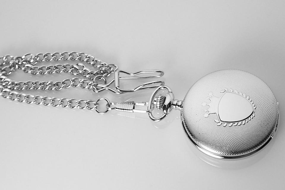 Personalized Pocket Watch Silver Crown Emblem Custom Engraved Quartz Battery Operated - Hand Engraved
