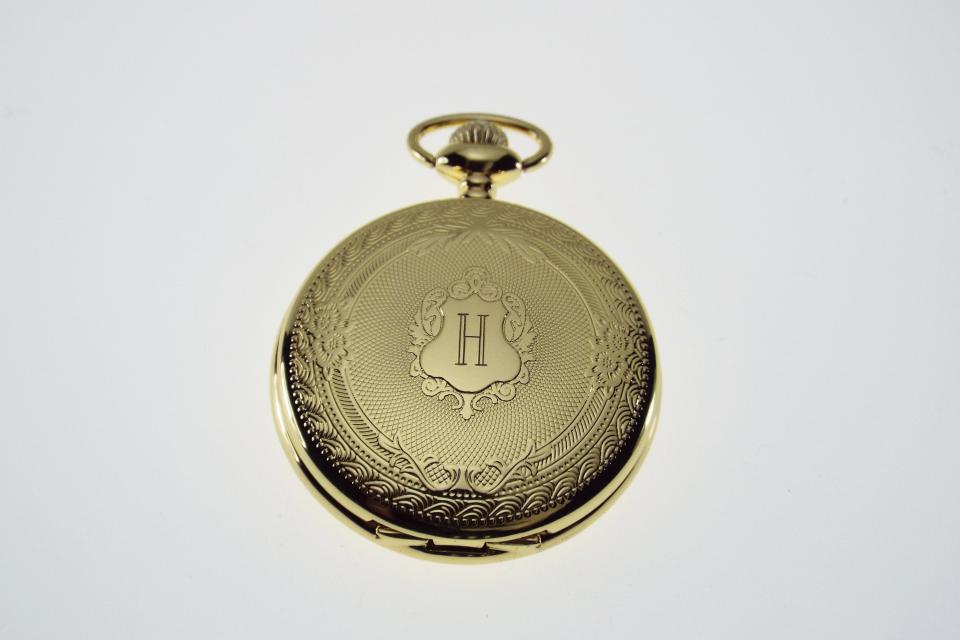 Engraved Pocket Watch Golden Crest Cover Personalized Quartz Battery Operated  - Hand Engraved