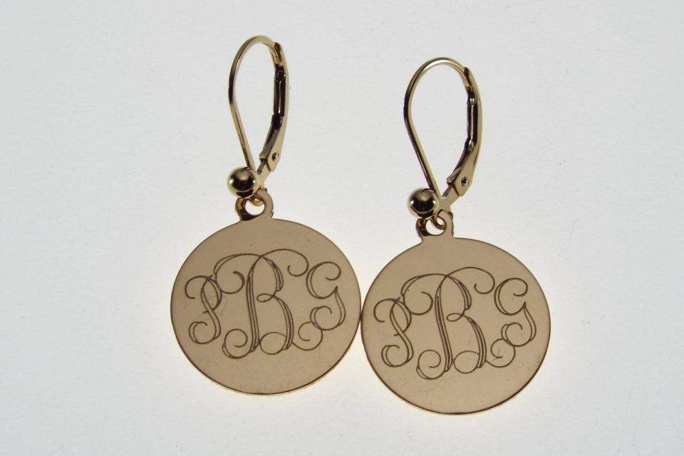 Monogram Earrings Personalized Gold Filled 3/4 Inch 18 mm Round Disc Choose Lever Back or Wires - Custom Engraved