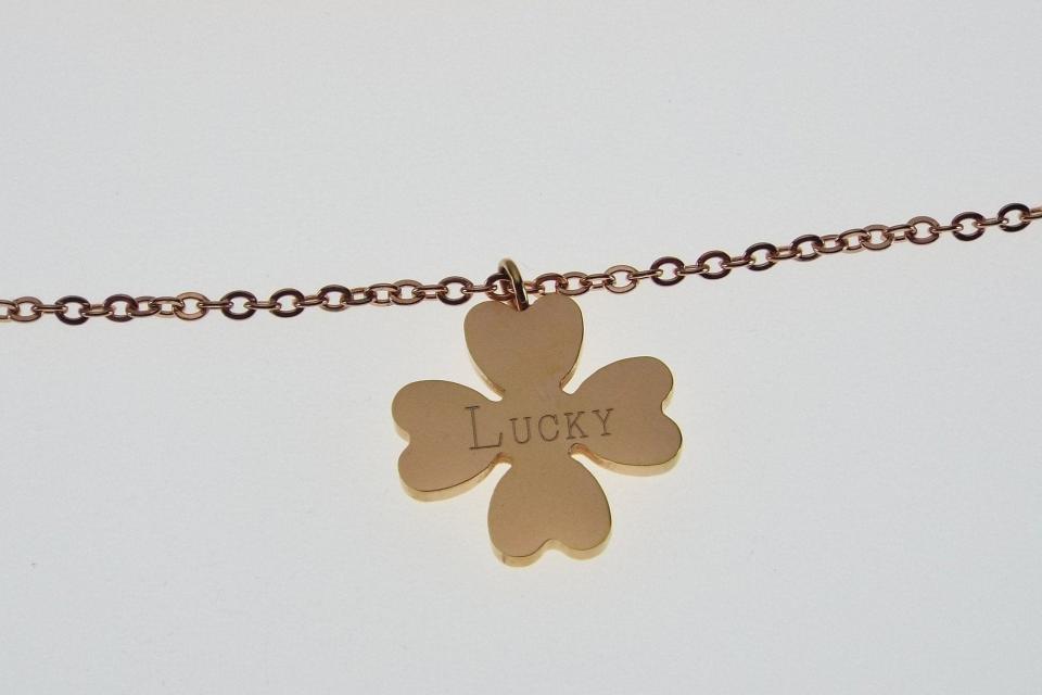 Personalized Four Leaf Clover Necklace Rose Gold Over Stainless Steel Custom Engraved - Hand Engraved